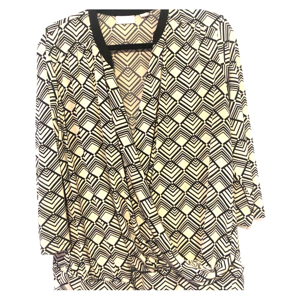 Faux wrap shirt with tan and black pattern